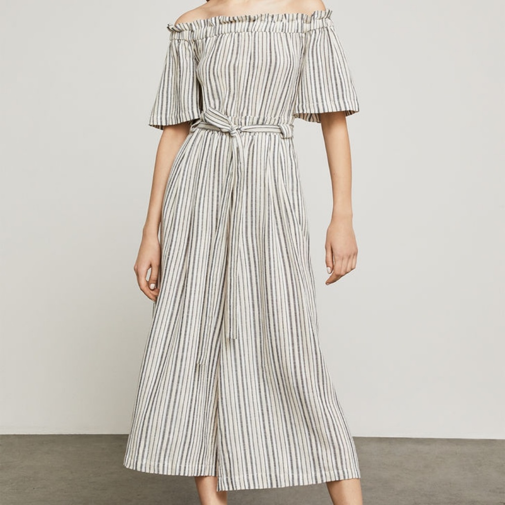 BCBGMAXAZRIA Off-The-Shoulder Striped Linen Romper